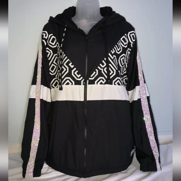 M/L Pink Victoria's Secret Windbreaker Black & White Anorak Jacket Coat - Picture 6 of 12